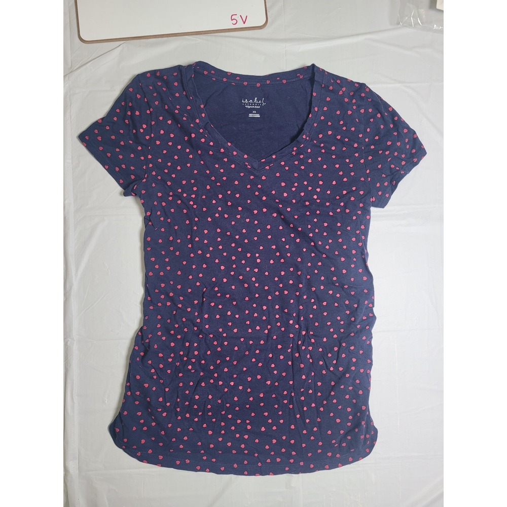Womens Maternity short sleeve shirt. Dark blue with red hearts. Size XS